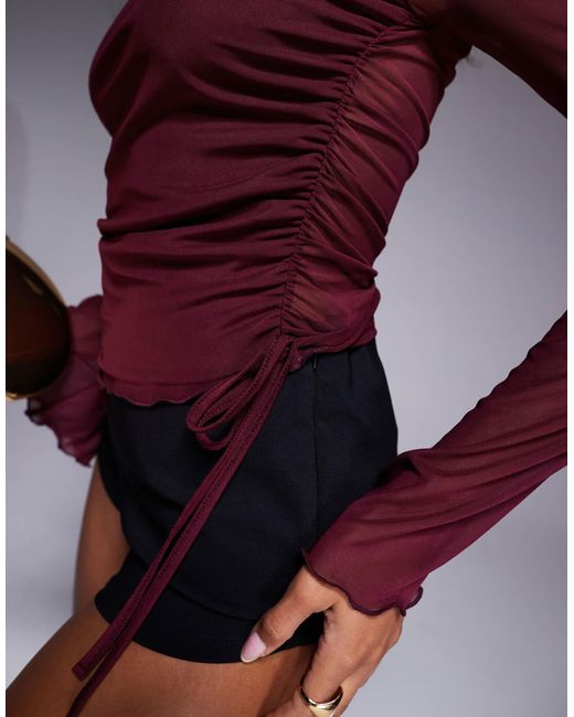 ASOS Purple Mesh Drawstring Slash Neck Top