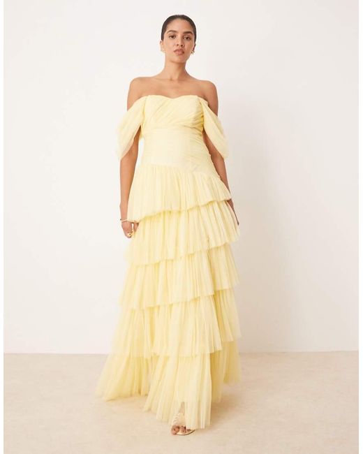 LACE & BEADS Natural Off Shoulder Tulle Asymmetric Maxi Dress