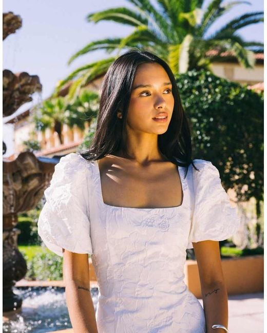 Gina Tricot White Brocade Mini Dress With Puff Sleeves
