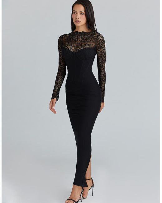 House Of Cb Black Shiloh Lace Long Sleeved Corset Maxi Dress