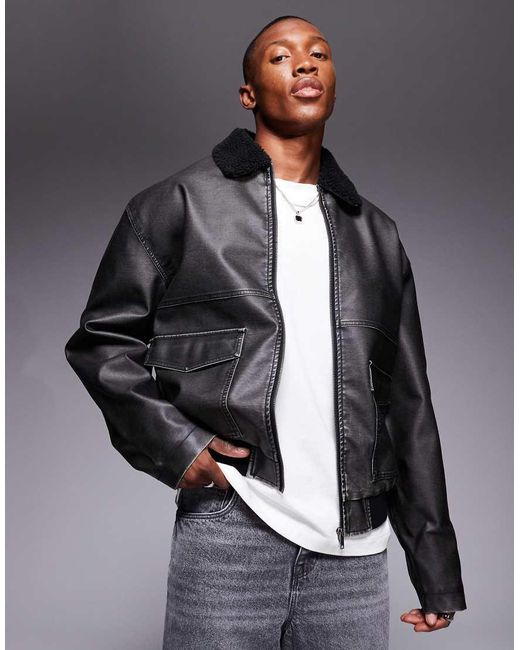 ASOS Distressed Pilotenjack Van Imitatieleer Met Borgkraag in het Gray voor heren
