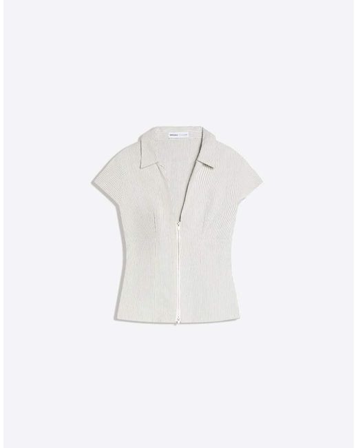 Bershka Natural Short Sleeve Zip Print Shirt