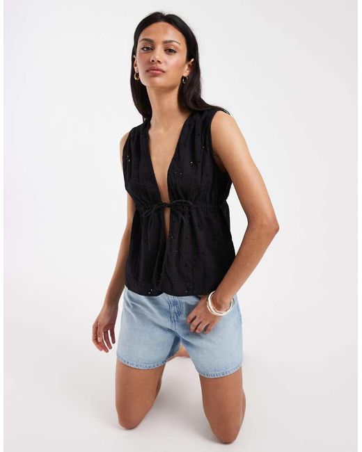ONLY Black Tie Front Embroidery Top