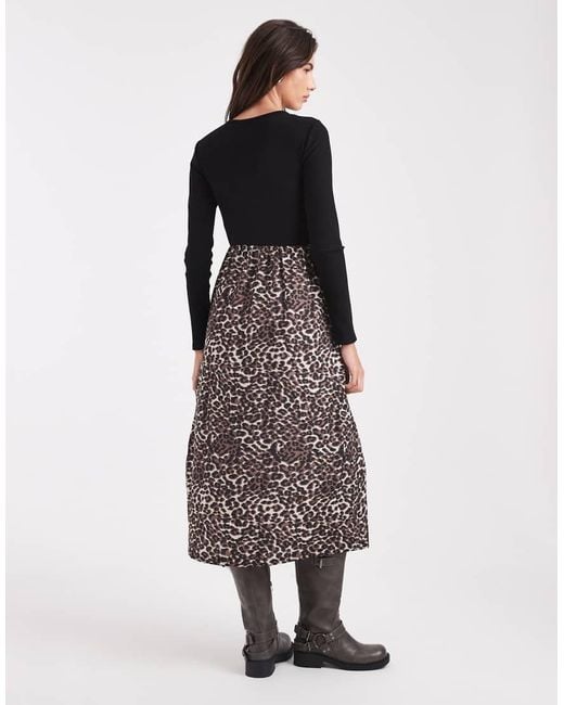 Threadbare Black Long Sleeve Midi Dress With Contrast Leopard Print Skirt