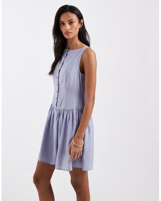 Brave Soul Blue Slash Neck Button Down Dropped Waist Mini Dress