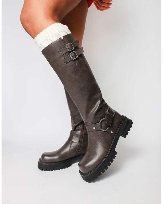 SIMMI Brown Benton Knee High Chunky Biker Boots