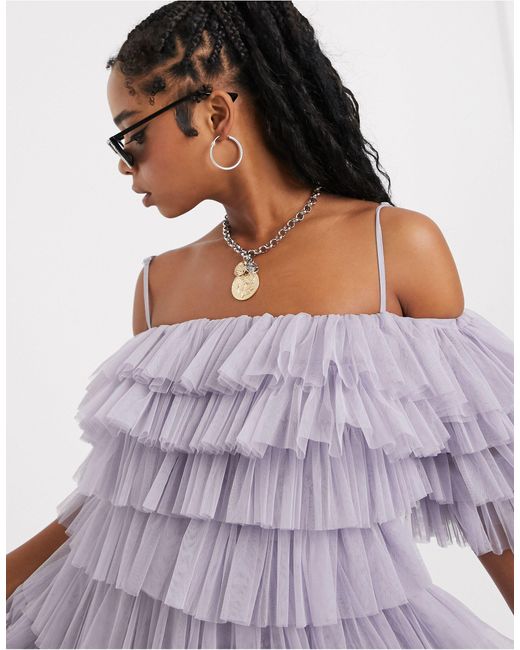 LACE & BEADS Layered Tulle Bardot Maxi Dress in Purple | Lyst UK
