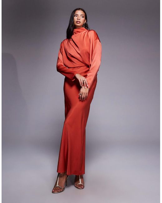 ASOS Red High Neck Bias Satin Maxi Dress With Sleeve Detail
