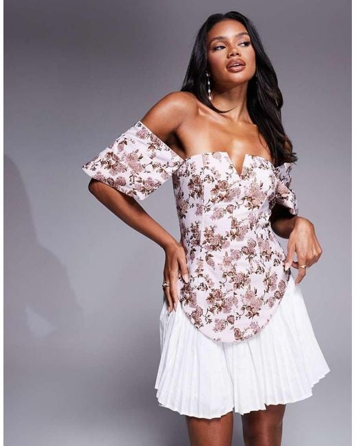 ASOS Jacquard Mini Jurk Met Blote Schouders En Geplooide Poplin Rok in het Gray