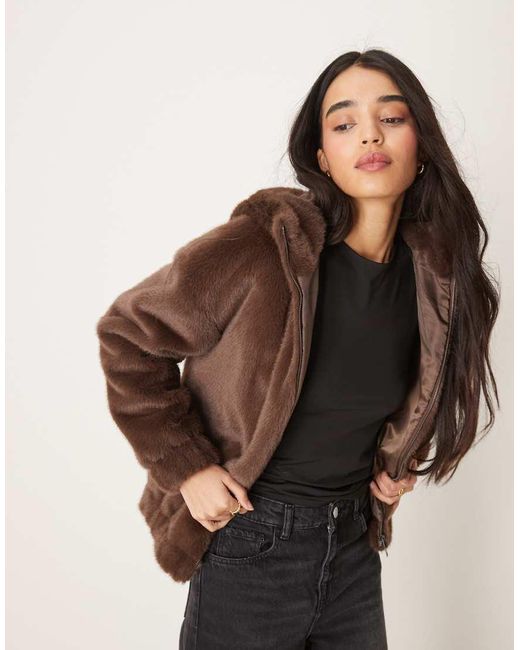 The Frolic Natural Exclusive Faux Fur Zip Through Hooded Bomber Jacket