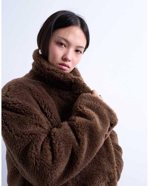 TOPSHOP Brown Double Breasted Borg Longline Coat