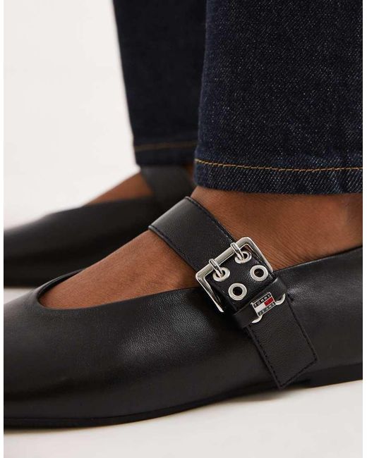 Tommy Hilfiger Black Real Leather Ballerina Flats With Buckles