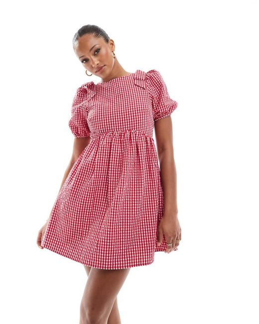 The Frolic Pink Exclusive Bow Shoulder Puff Sleeve Tie Back Mini Smock Dress