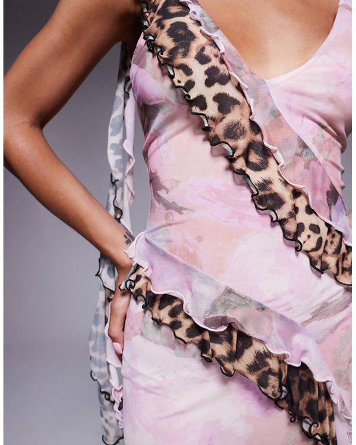 ASOS Gray – geblümtes maxikleid aus netzstoff mit schmalen trägern und rüschen mit animal-print