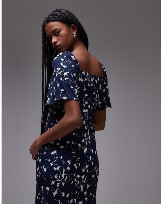 & Other Stories Blue Puff Sleeve Midaxi Dress With Twist Sweetheart Neckline