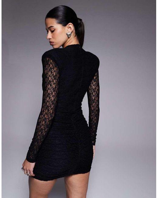 Ruched & Ready Gray Removable Shoulder Pad Detailing Cutout Sweetheart Sculpting Lace Mini Dress