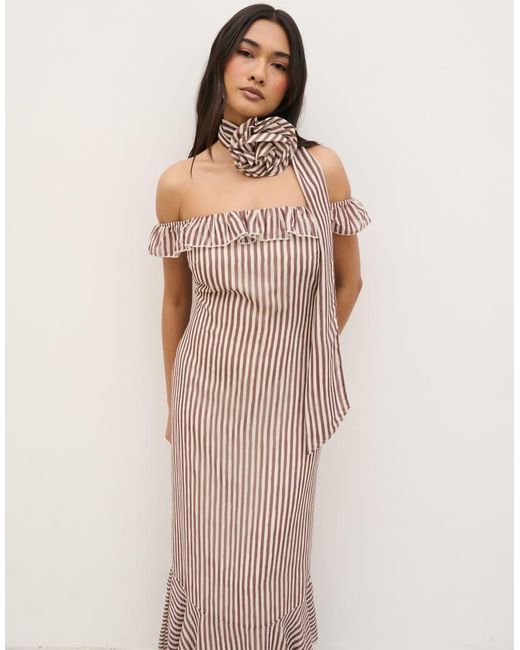Pretty Lavish Brown Off The Shoulder Ruffle Maxi Dress With Corsage Scarf