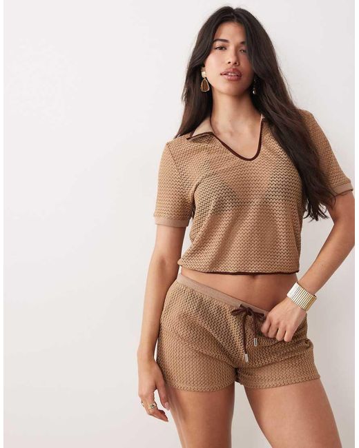 Kaiia Brown Exclusive Crochet Contrast Trim Collar Detail Cropped Polo Top Co-ord
