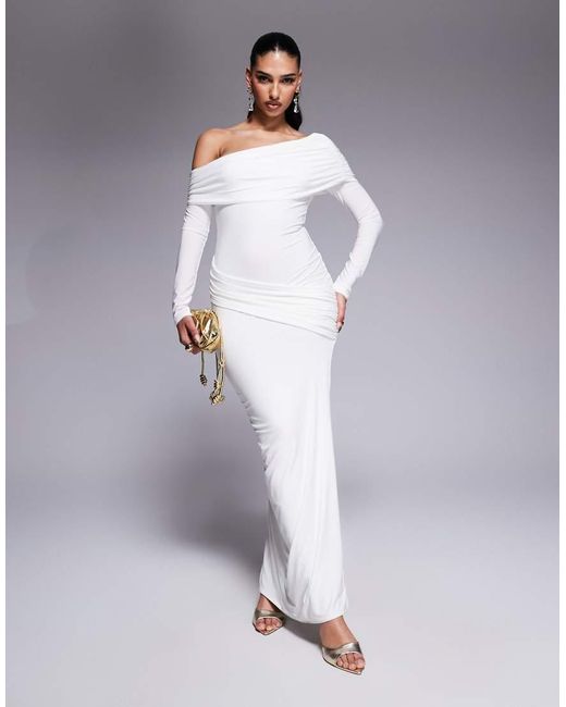 Missy Empire White Double Sculpted Slinky Asymmetric Fold Over Shoulder Drape Detail Bodycon Maxi Dress