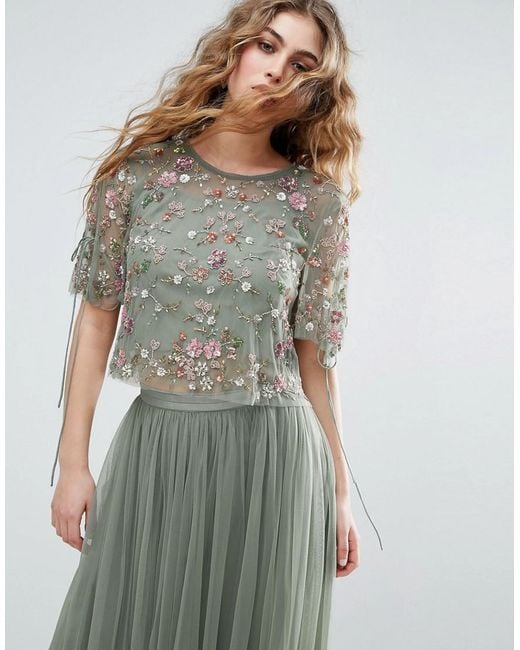 Needle & Thread Green Needle And Thread Floral Embellished Top