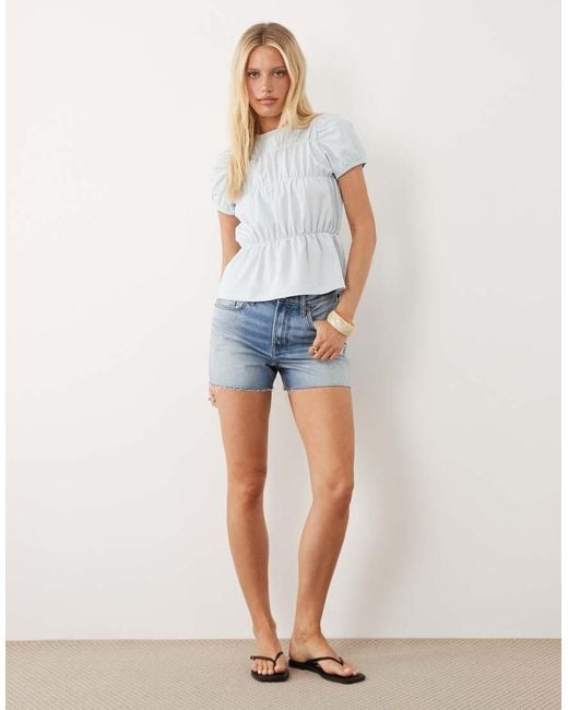 ASOS White Shirred Crepe Puff Sleeve Top