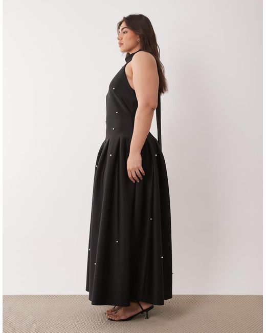 ASOS Black Asos Design Curve Premium Faux Pearl Embellished Maxi Dress With Scarf Detail