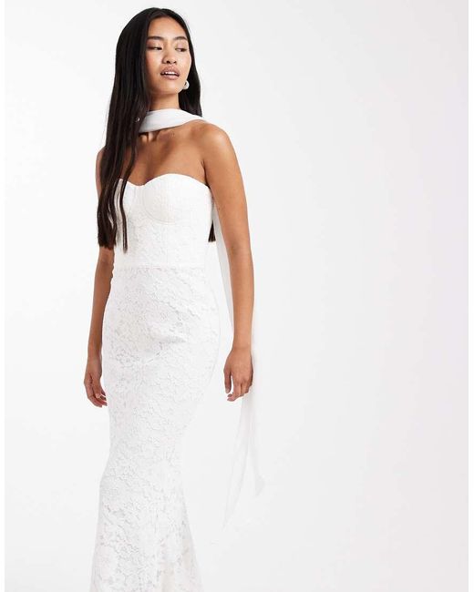 Six Stories White Bridal Lace Bandeau Scarf Neck Maxi Dress