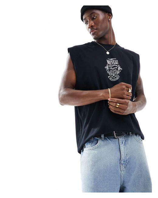 Camiseta negra extragrande sin mangas con estampado en el pecho ASOS de hombre de color Blue
