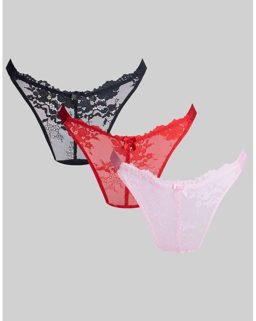 Boux Avenue Pink 3 Pack Fran Lace Thongs Tanga Style High Leg Underwear