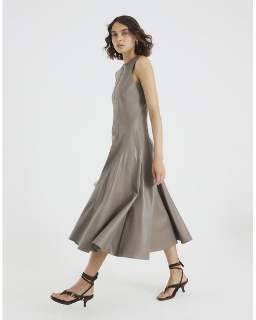 River Island Natural Faux Leather Fitted Waist Midi Dress