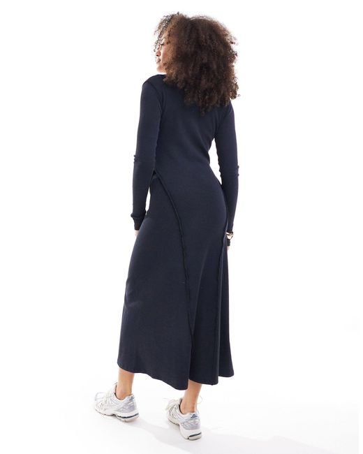 ASOS Blue V Neck Long Sleeve Midi Dress With Full Hem