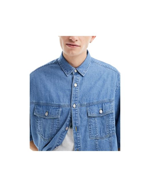 ASOS Blue Short Sleeve Boxy Oversized Denim Shirt for men