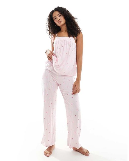 Loungeable White Striped Palm Tie Shoulder Cami And Trouser