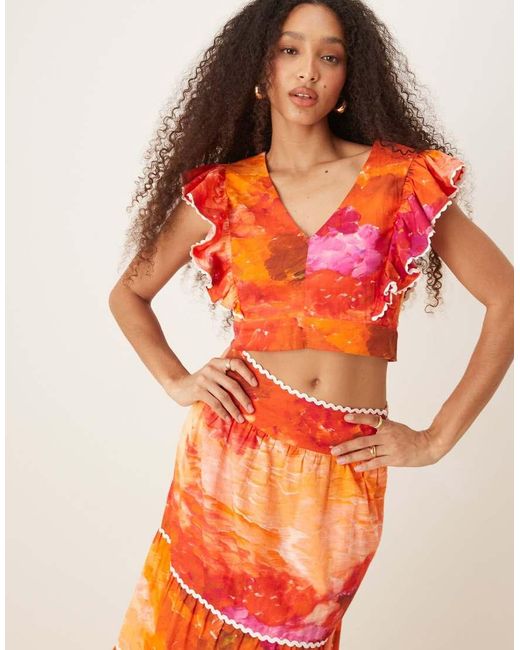 Hope & Ivy Orange Ruffle Sleeve Tie Back Cropped Top Co-Ord