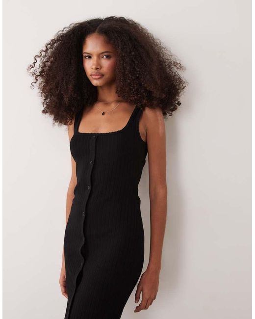 ASOS Natural Button Down Rib With Picot Trim Midi Dress