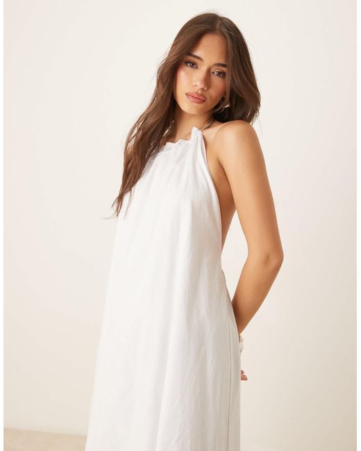 SNDY'S Natural Poplin Linen Blend Halterneck Open Back Maxi Dress
