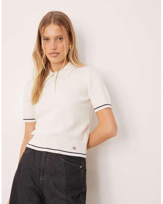 Calvin Klein White Woven Label Cropped Cable Knit Polo
