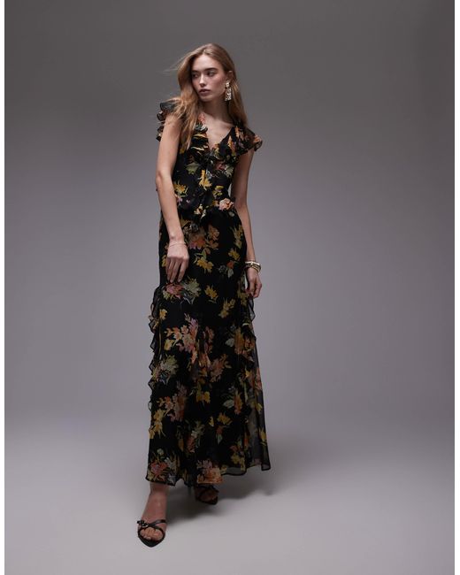 TOPSHOP Black Flutter Sleeve Ruffle Occasion Midi Dress