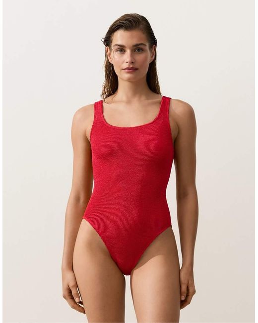 Oysho Red Crinkle Round Neck Swimsuit