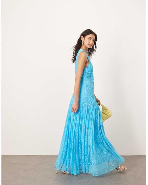 ARRANGE Lace Ruched Panel Dropped Waist Maxi Dress in Blue | Lyst Australia