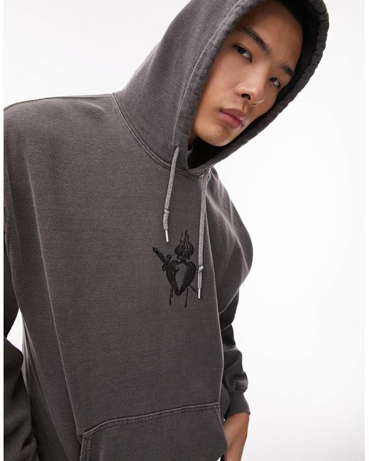 Topman Gray Oversized Fit Hoodie With Sacred Heart Tattoo for men