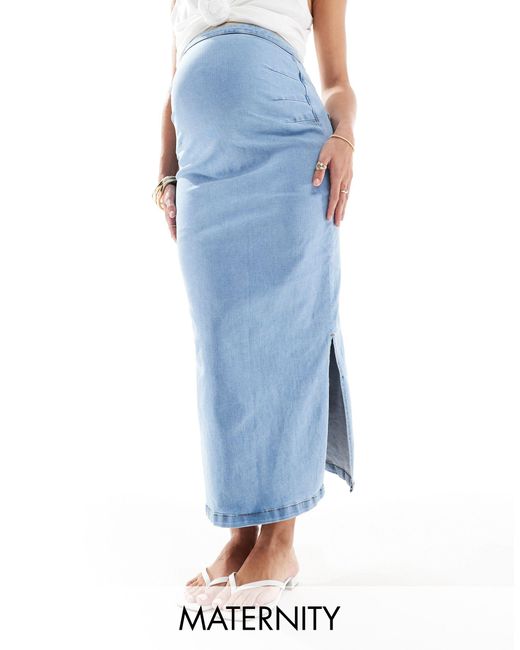 Mama.licious Blue Mamalicious Maternity Over The Bump Denim Skirt With Side Slits