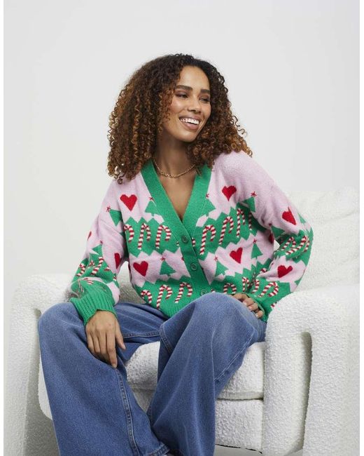 Brave Soul Green Jacquard Knit V-Neck Christmas Cardigan