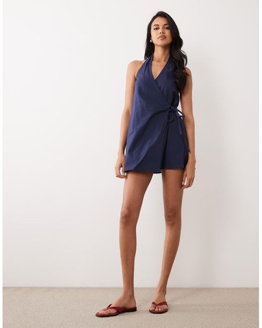 ASOS Blue Cotton Linen Halter Neck Wrap Mini Sundress
