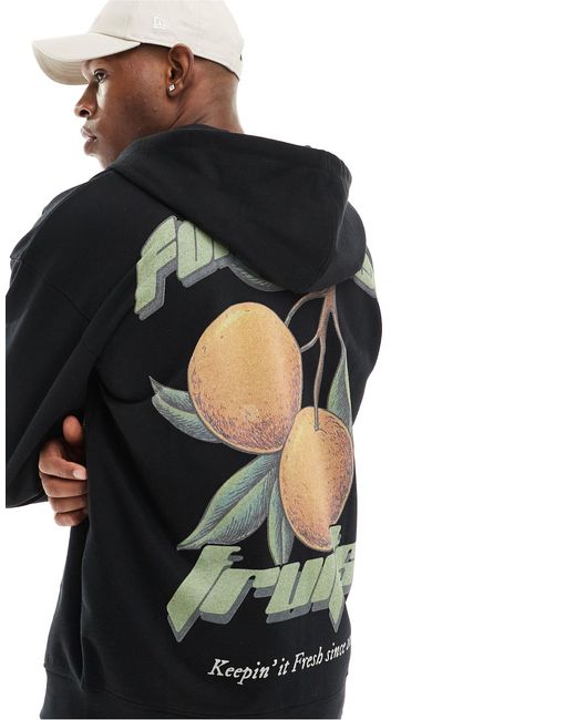 Liquor N Poker Black Oversized Zip Up Hoodie With Fruit Back Print for men