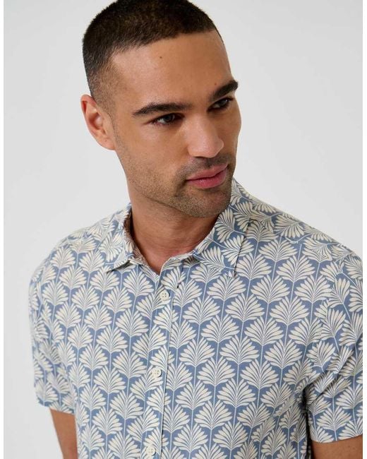 Threadbare Blue Linear Leaf Print Short Sleeve Shirt for men
