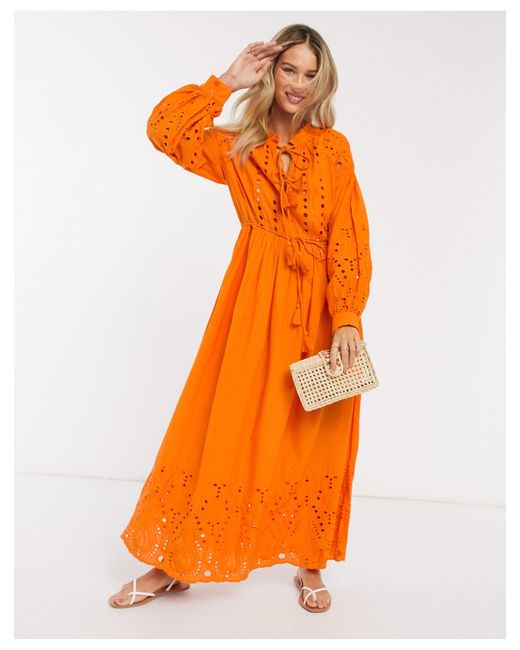 Y.A.S Orange Broderie Maxi Dress With Tie Neck And Waist