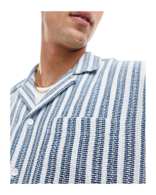 New Look Blue Short Sleeved Textured Stripe Patterned Shirt for men