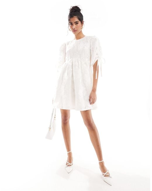 & Other Stories White Mini Smock Dress With Tie Detail Volume Sleeves