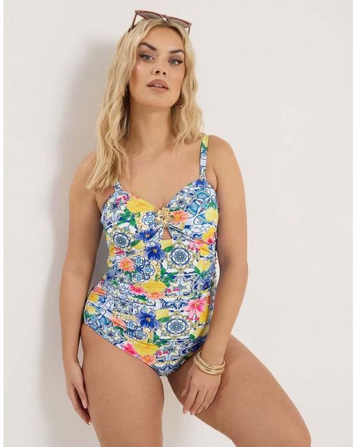 Yours Clothing Blue Mediterranean Tile Bandeau Swimsuit